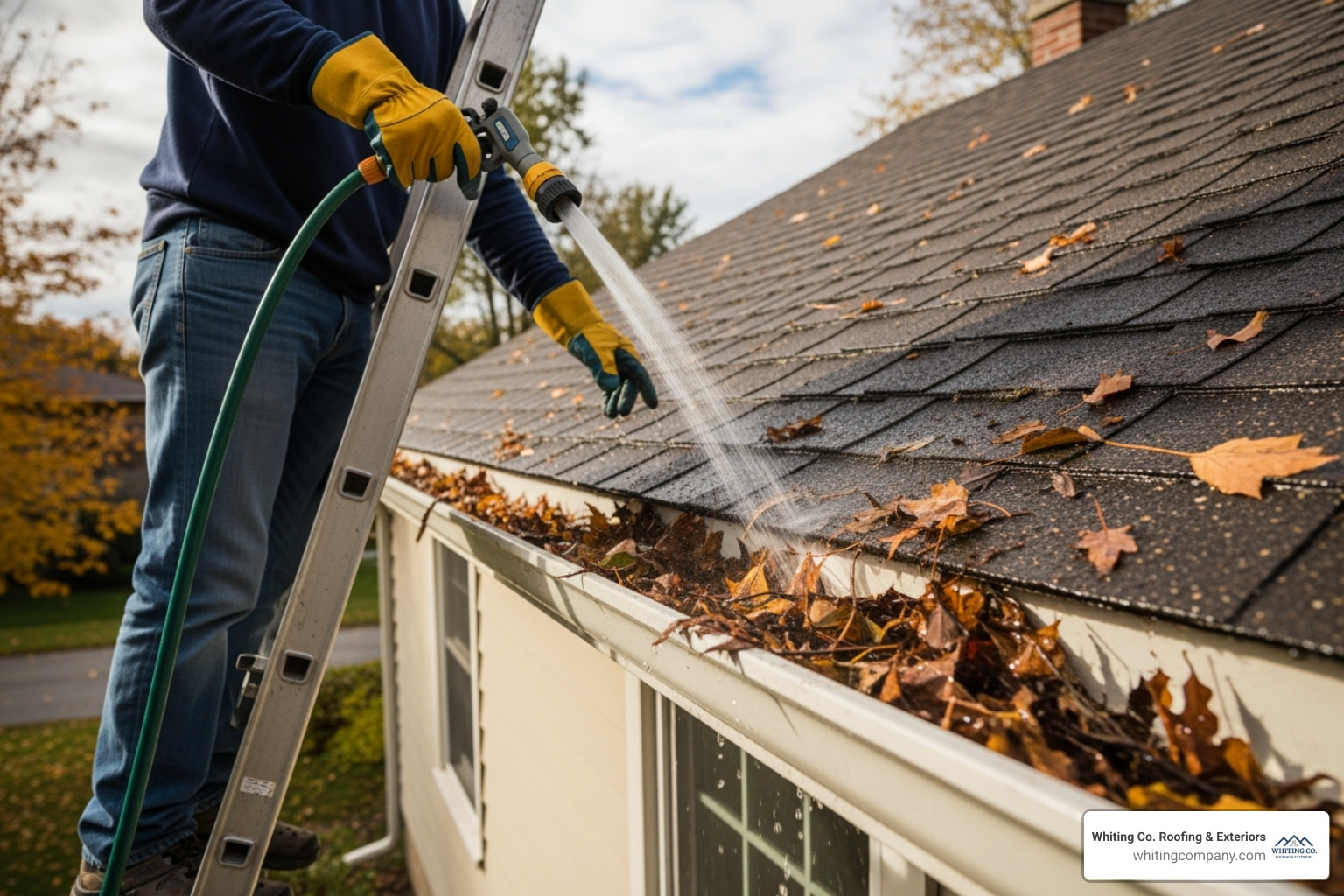 A homeowner safely cleaning leaves and debris from their roof gutters with a garden hose, preventing potential water backup and roof damage. - roof repair prices