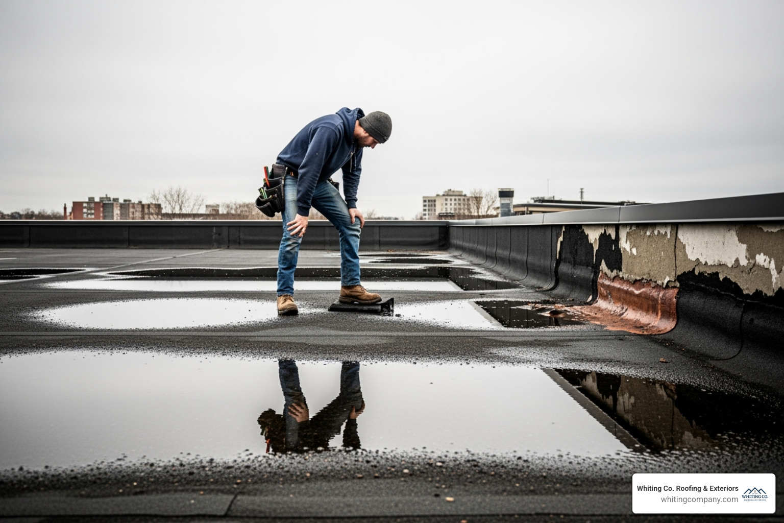 roofer inspecting damaged flat roof with visible pooling water - flat roof prices