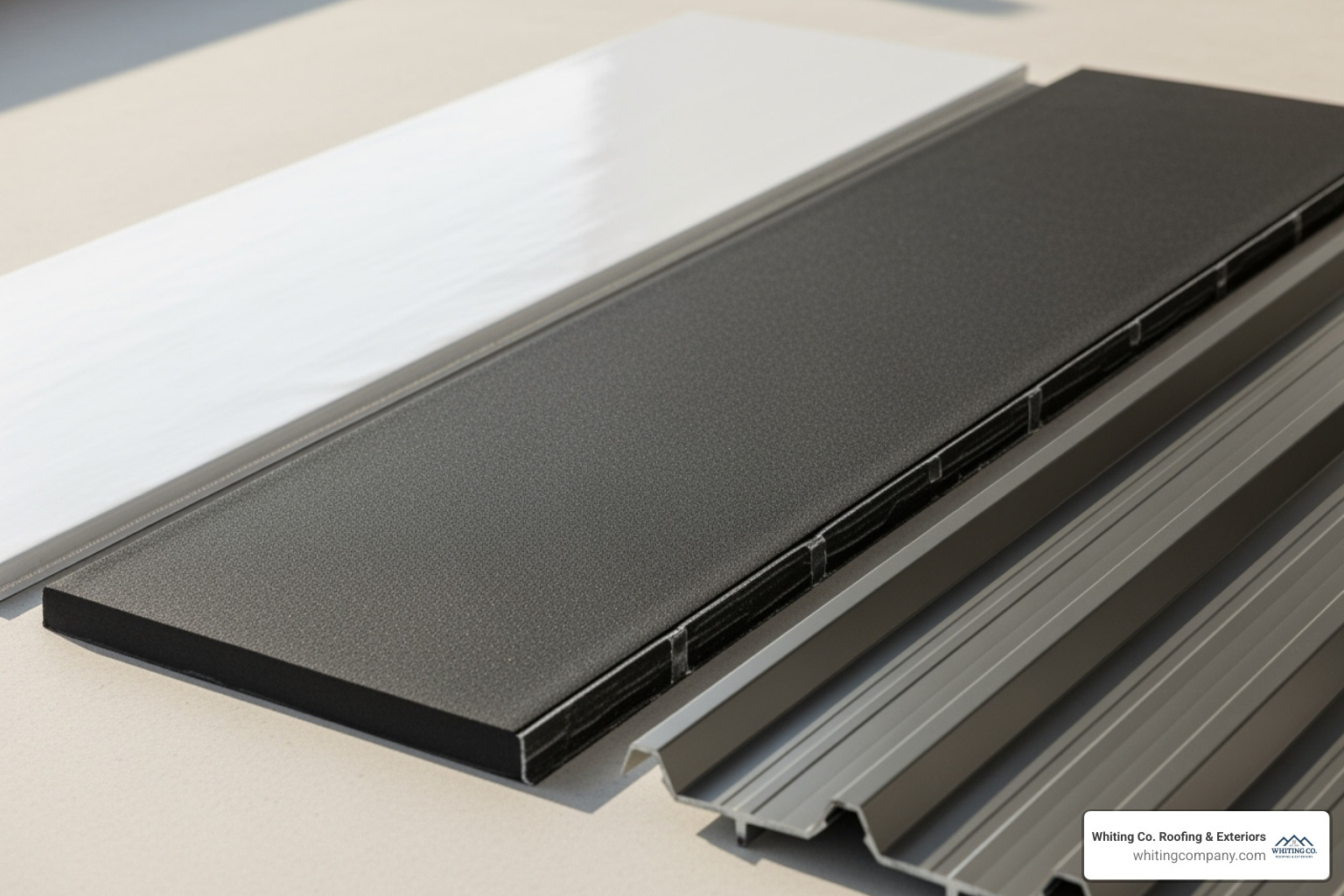 various flat roofing material samples (TPO, EPDM, Metal) - flat roof prices
