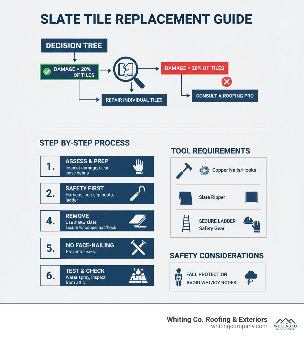 Infographic showing step-by-step slate tile replacement process with safety considerations, tool requirements, and decision tree for repair vs replacement based on damage extent - replacing slate roof tiles infographic 