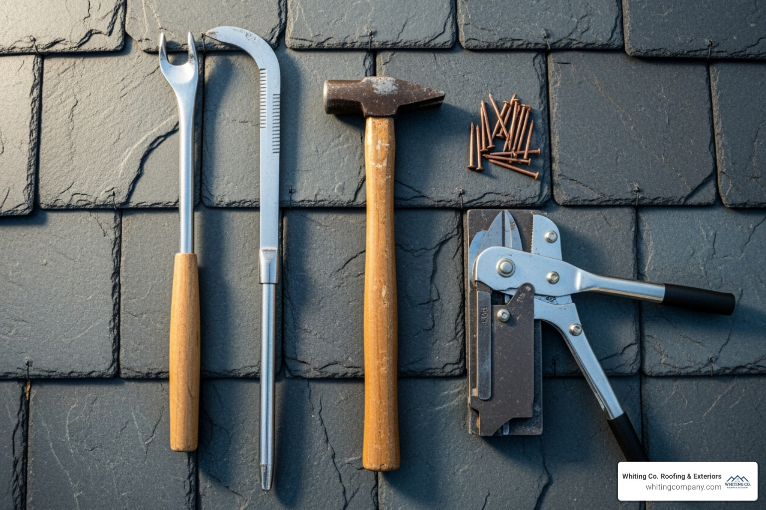Essential tools for slate roof repair laid out neatly, including a slate ripper, hammer, cutter, and copper nails - replacing slate roof tiles