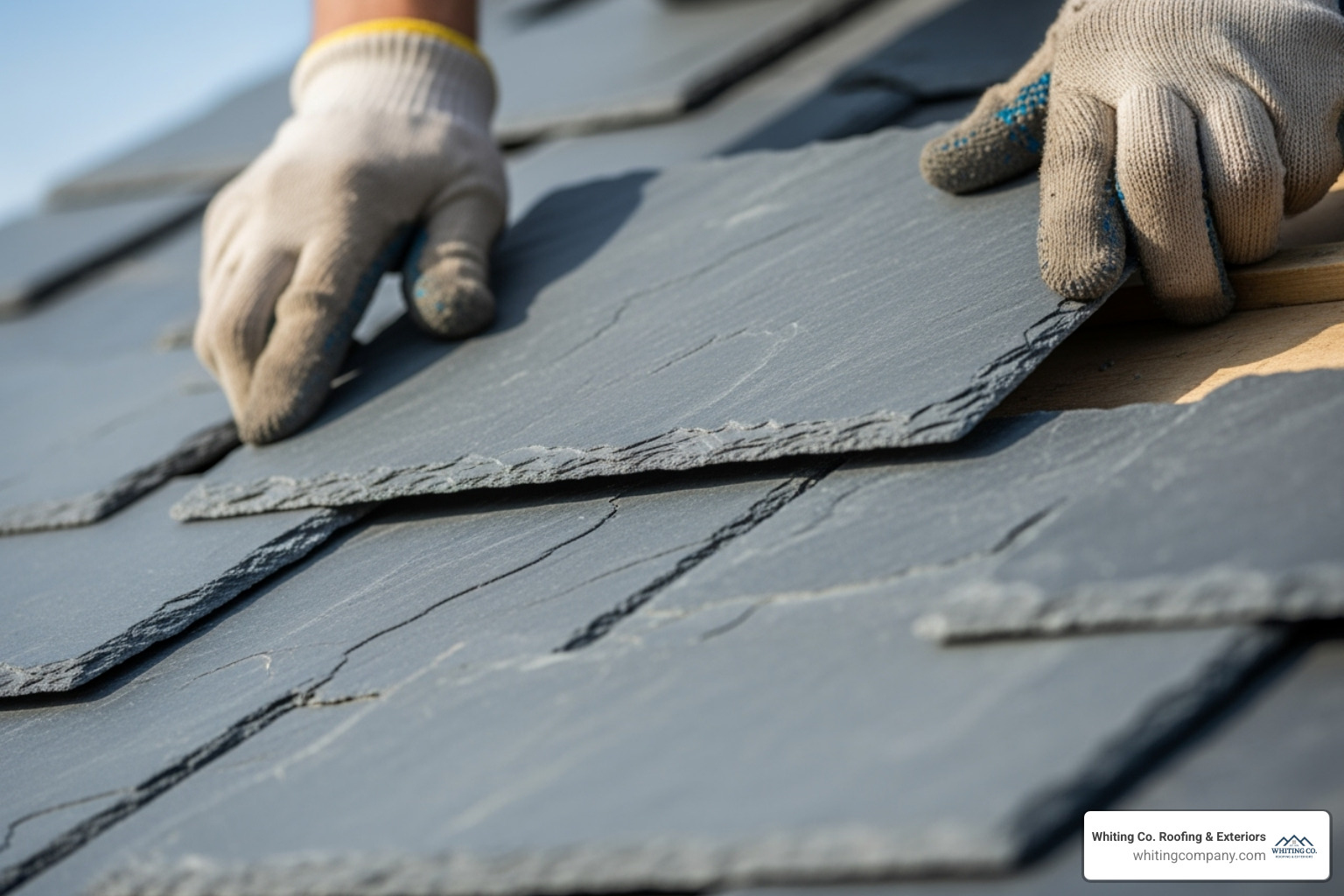 Close-up image of a roofer carefully sliding a new slate into place on a roof - replacing slate roof tiles