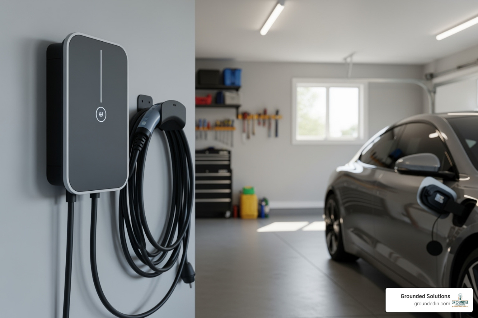 A sleek, wall-mounted home EV charger installed by Grounded Solutions in a clean garage - Marion county electric