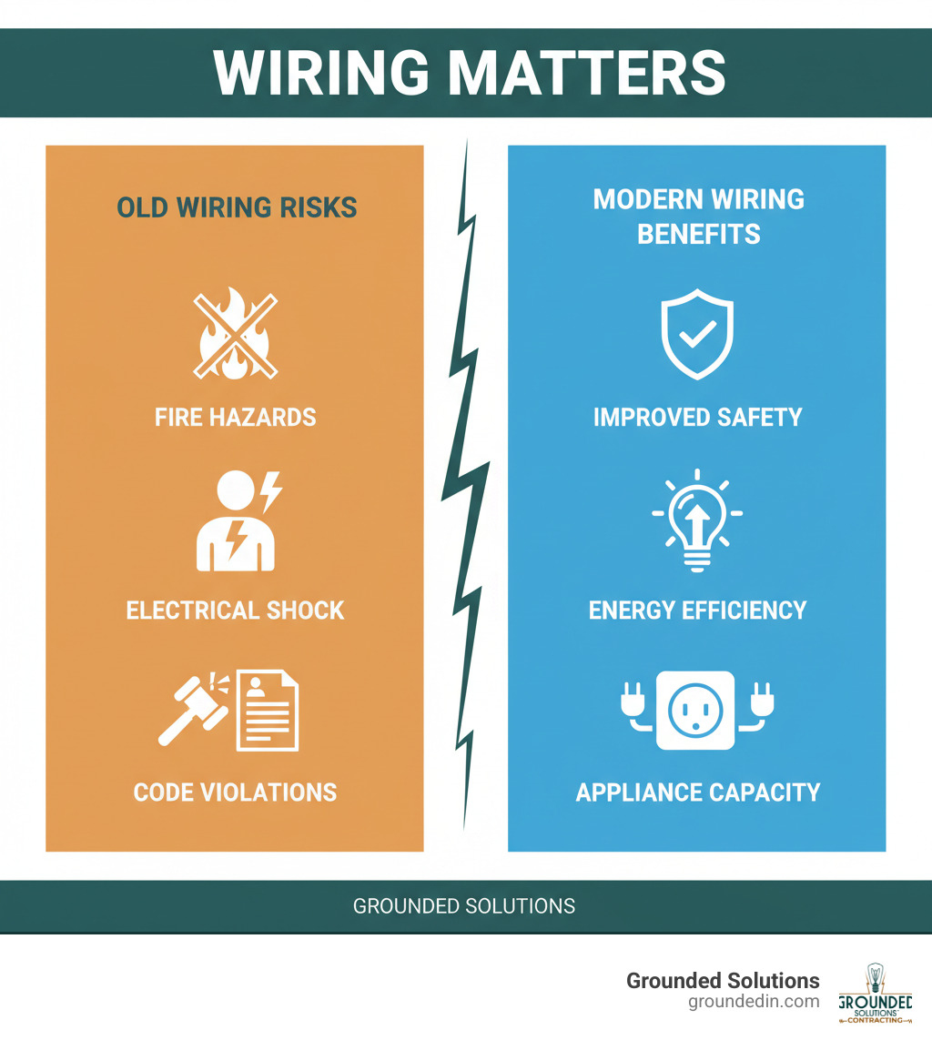 Infographic showing the dangers of old electrical wiring including fire hazards, electrical shock risks, and code violations compared to modern wiring benefits such as improved safety, energy efficiency, and capacity for modern appliances - electrical wiring and rewiring infographic Infographic showing the dangers of old electrical wiring including fire hazards, electrical shock risks, and code violations compared to modern wiring benefits such as improved safety, energy efficiency, and capacity for modern appliances - electrical wiring and rewiring infographic