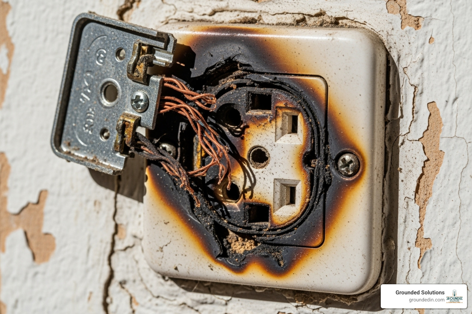 Image of a dangerously frayed or discolored electrical outlet - electrical wiring and rewiring Image of a dangerously frayed or discolored electrical outlet - electrical wiring and rewiring