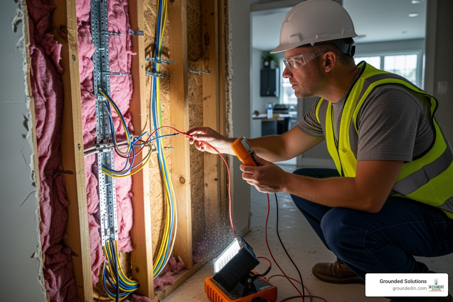 Image of a licensed electrician carefully inspecting wiring inside a wall - electrical wiring and rewiring Image of a licensed electrician carefully inspecting wiring inside a wall - electrical wiring and rewiring
