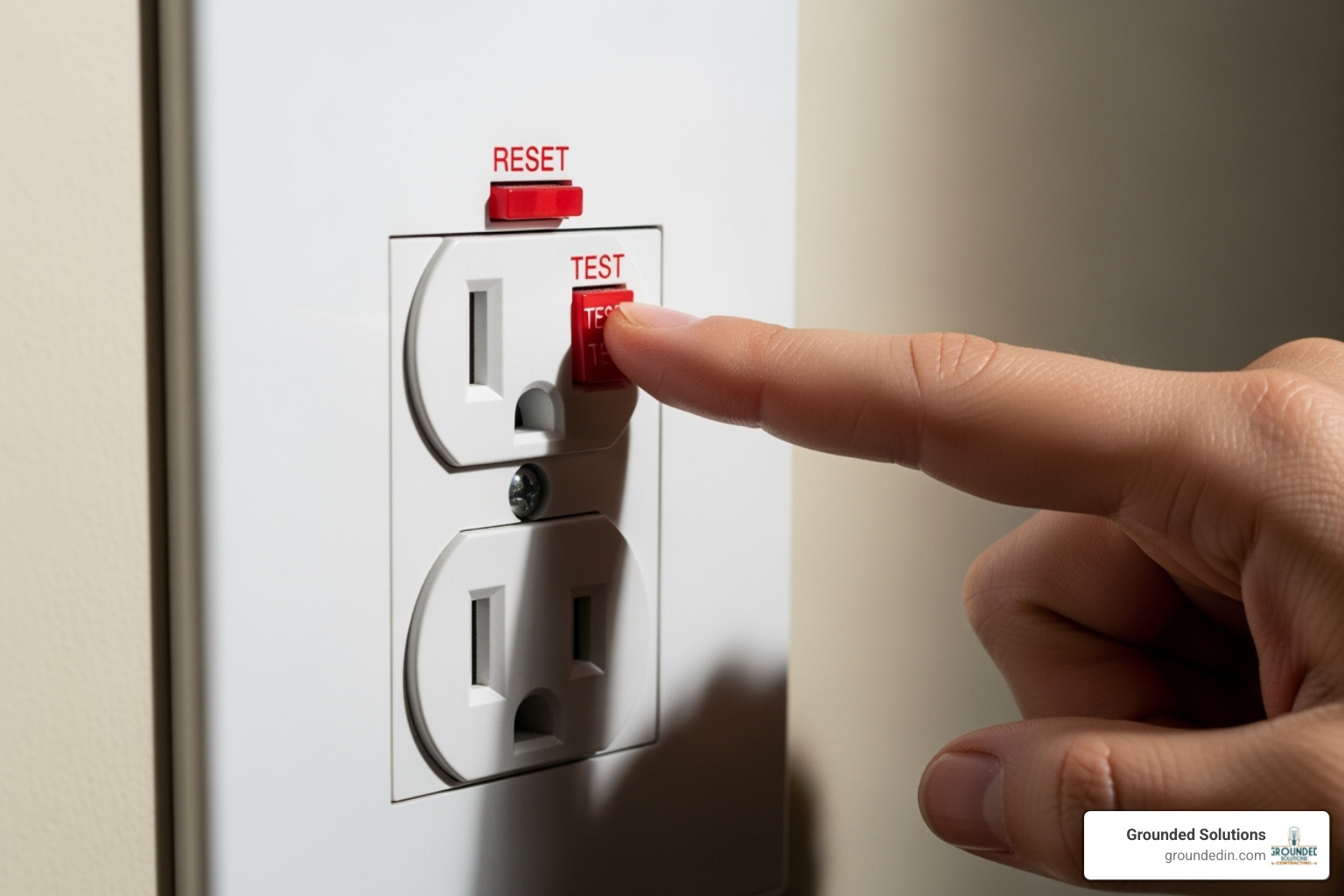 GFCI outlet with a finger pressing the 'test' button - electrician in Franklin GFCI outlet with a finger pressing the 'test' button - electrician in Franklin