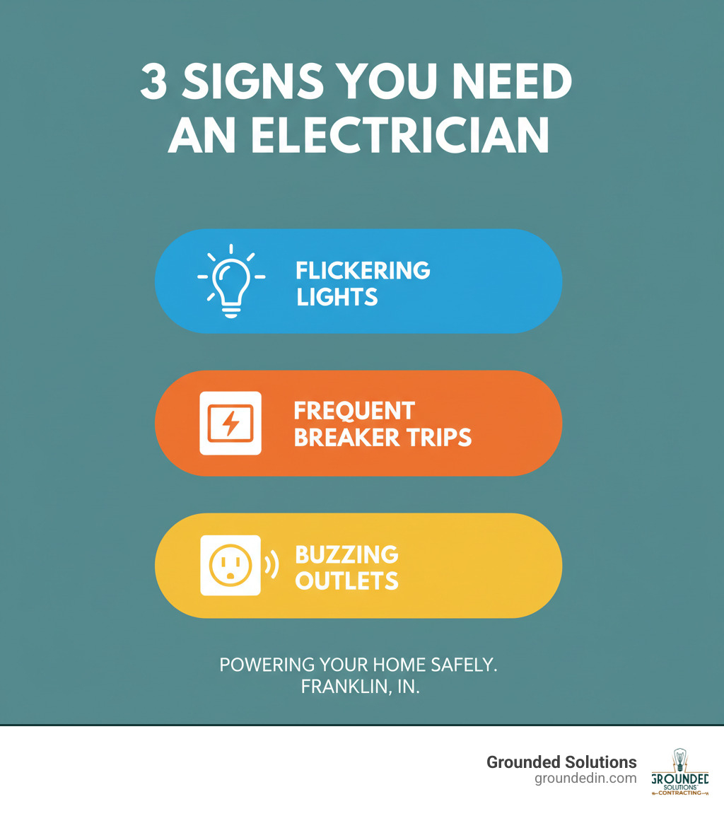 Infographic showing top 3 signs you need an electrician: flickering lights, frequent breaker trips, and buzzing outlets - electrician in Franklin infographic Infographic showing top 3 signs you need an electrician: flickering lights, frequent breaker trips, and buzzing outlets - electrician in Franklin infographic