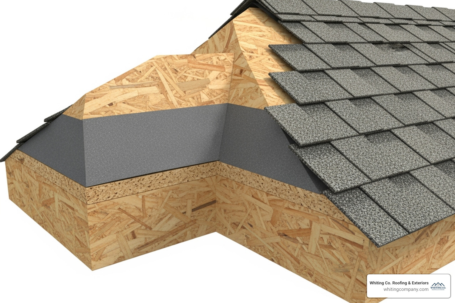 cross-section of a properly installed roofing system with labels for decking, underlayment, and shingles - home improvement Columbia MD