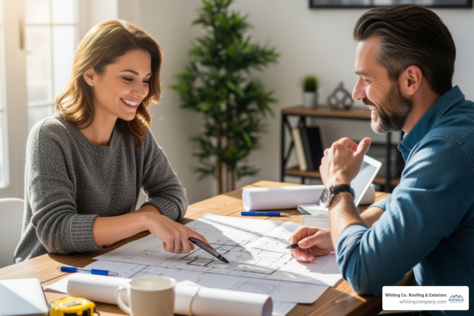 homeowner happily reviewing plans with a contractor - home improvement Columbia MD