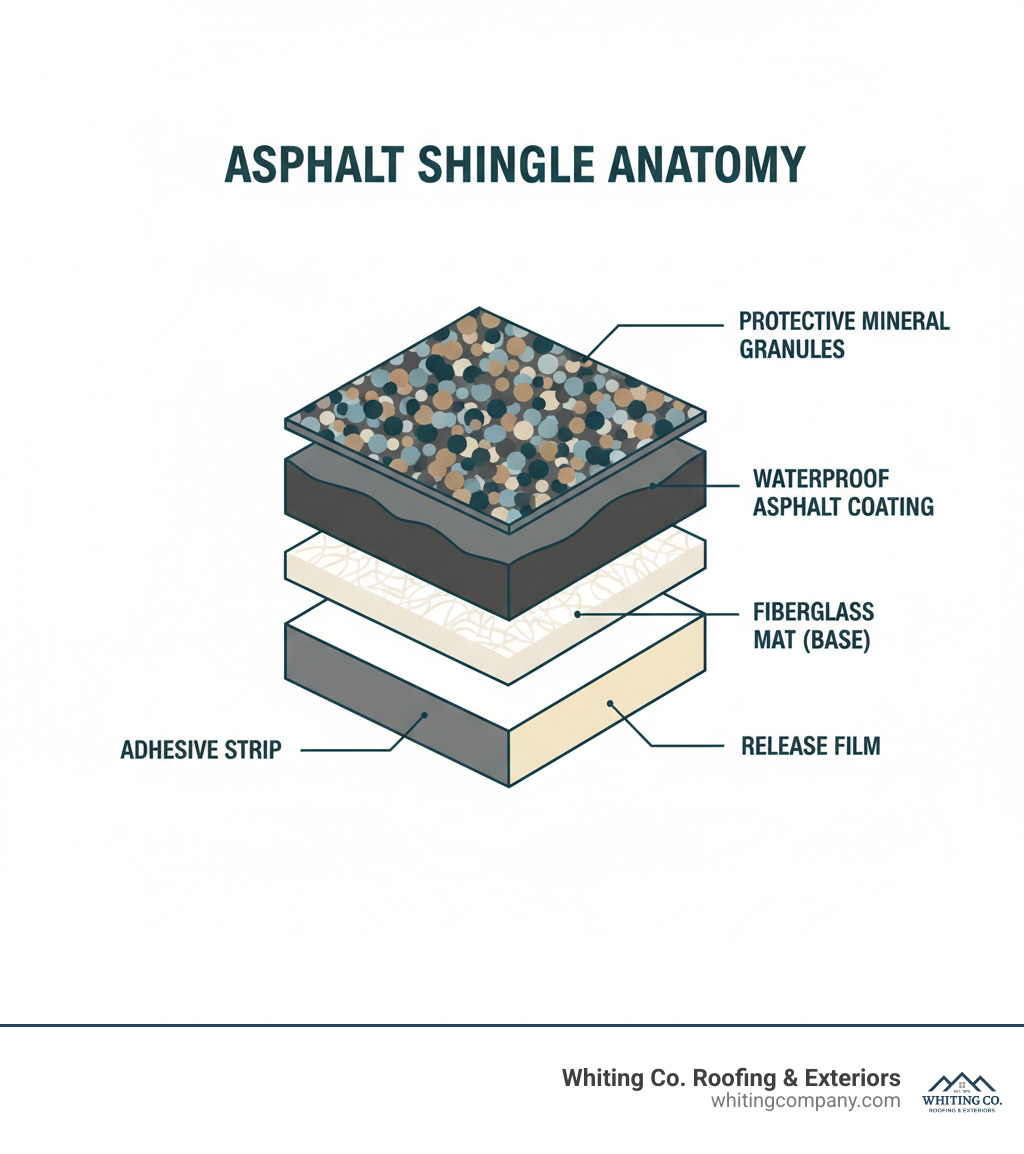 Infographic detailing the key components of an asphalt shingle: a fiberglass mat as the base, a waterproof asphalt coating, and protective, colorful mineral granules on the surface, with an adhesive strip and release film on the back. - asphalt shingle roofing infographic 