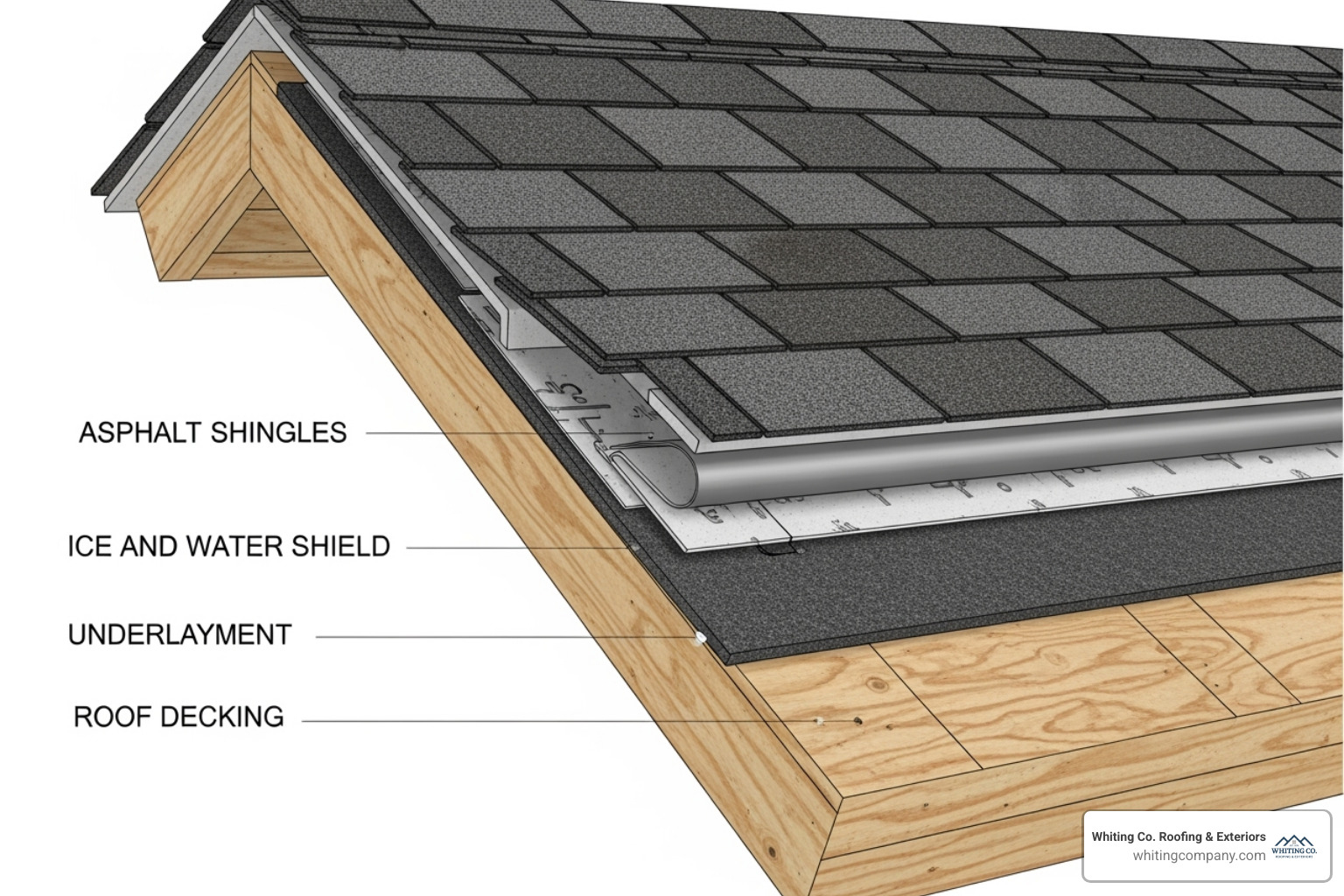 Roof cross-section showing all system components - asphalt shingle roofing