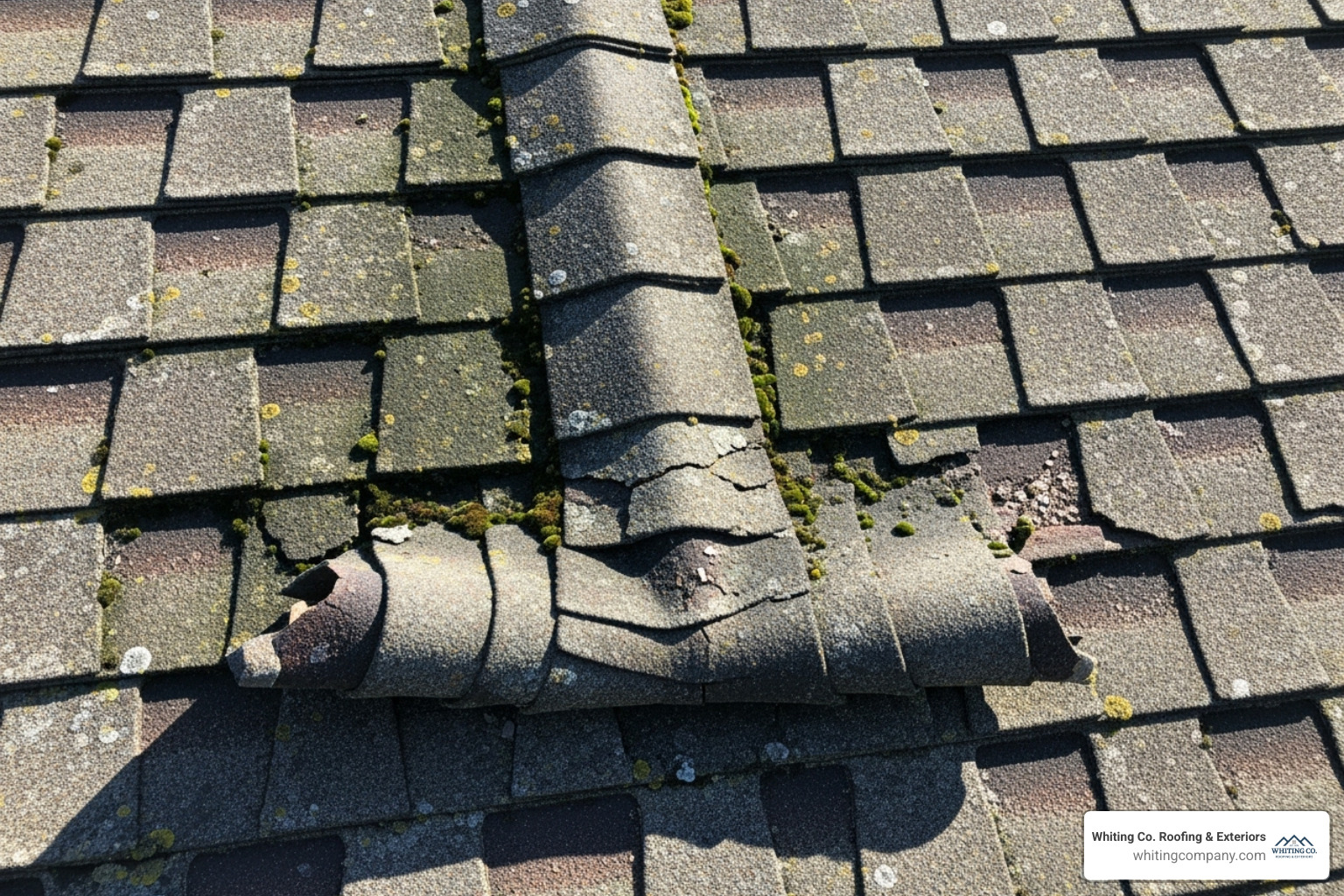 Cracked, curling, and algae-streaked asphalt shingles - asphalt shingle roofing