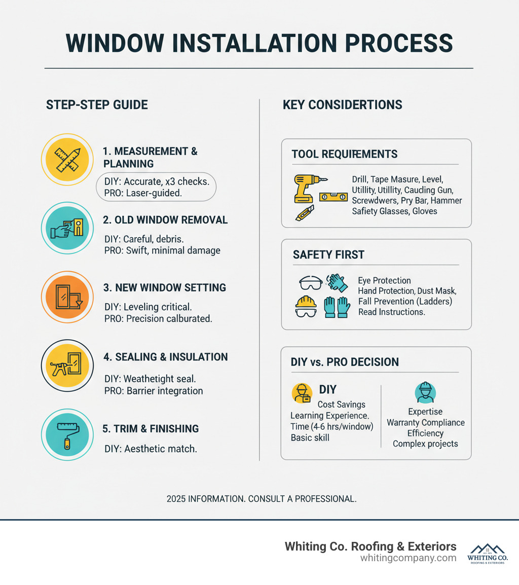 Detailed infographic showing the complete replacement windows installation process from measurement through final sealing, including tool requirements, safety considerations, and decision points for DIY versus professional installation - replacement windows installation infographic 