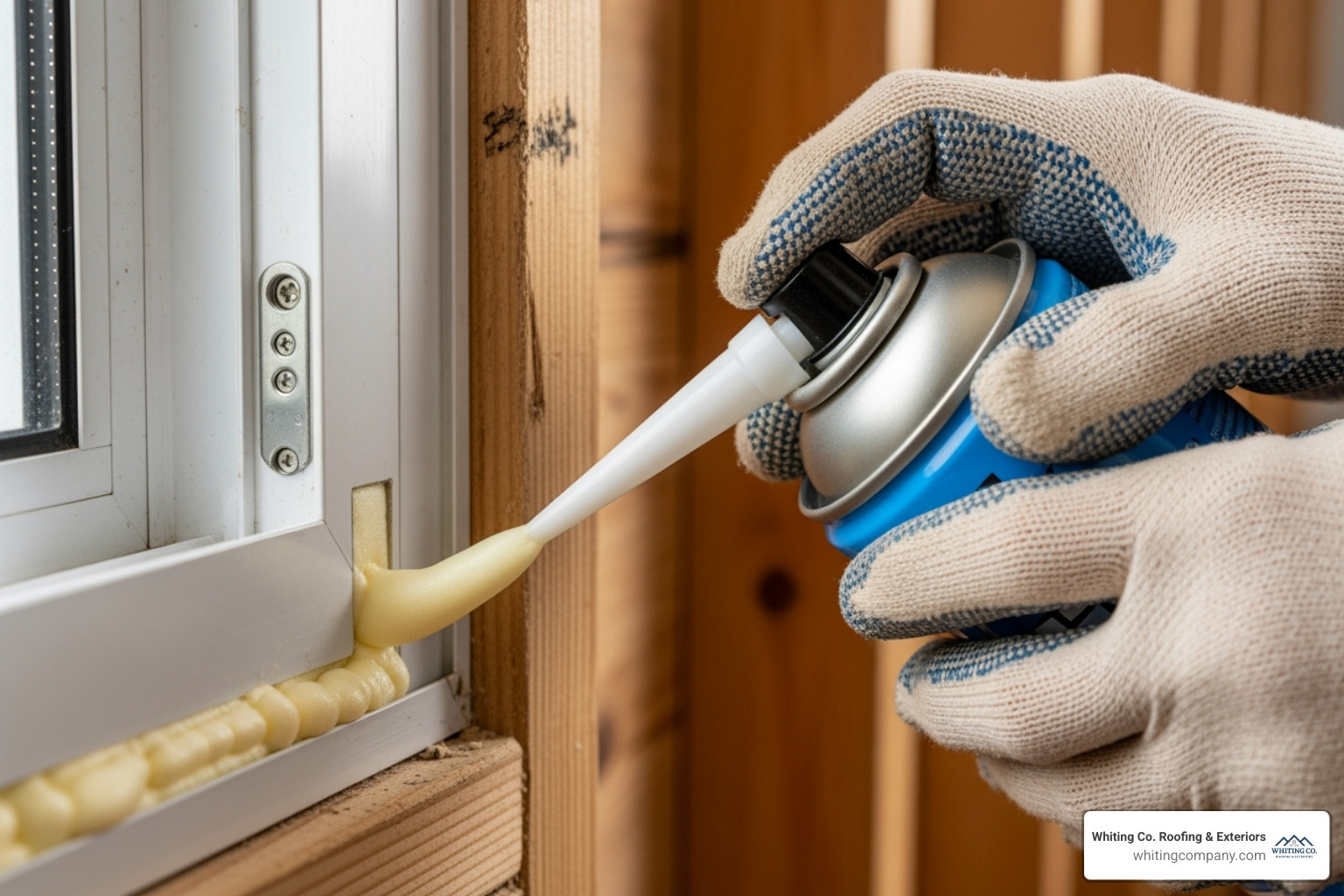 Low-expansion foam being applied in the gap between the window frame and the house framing - replacement windows installation