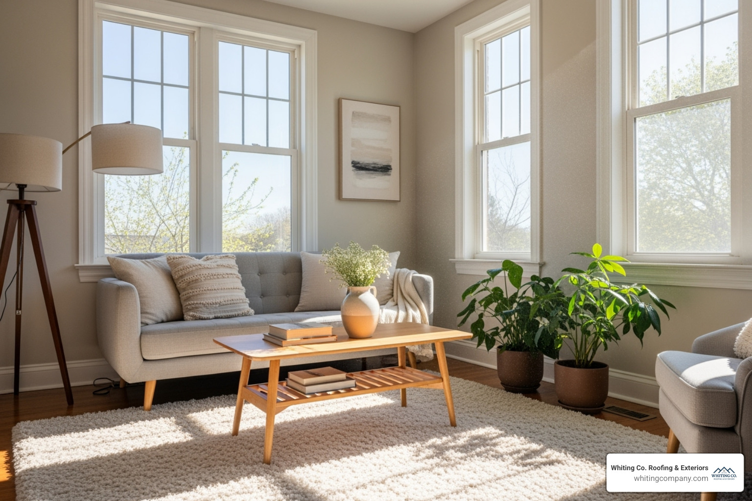 A bright, comfortable living room with sunlight streaming through new windows - window replacement cost