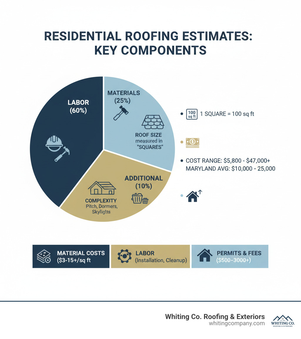 Detailed breakdown showing the key components of residential roofing estimates including material costs, labor percentages, roof measurement in squares, additional components like permits and disposal fees, and complexity factors that affect final pricing - Residential roofing estimates infographic 