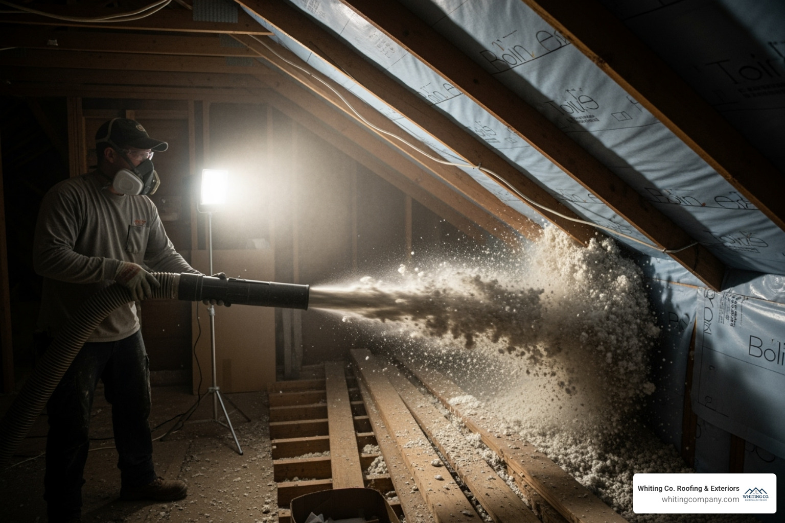 technician using a blower hose to install insulation in a hard-to-reach corner of an attic - blown-in insulation Columbia