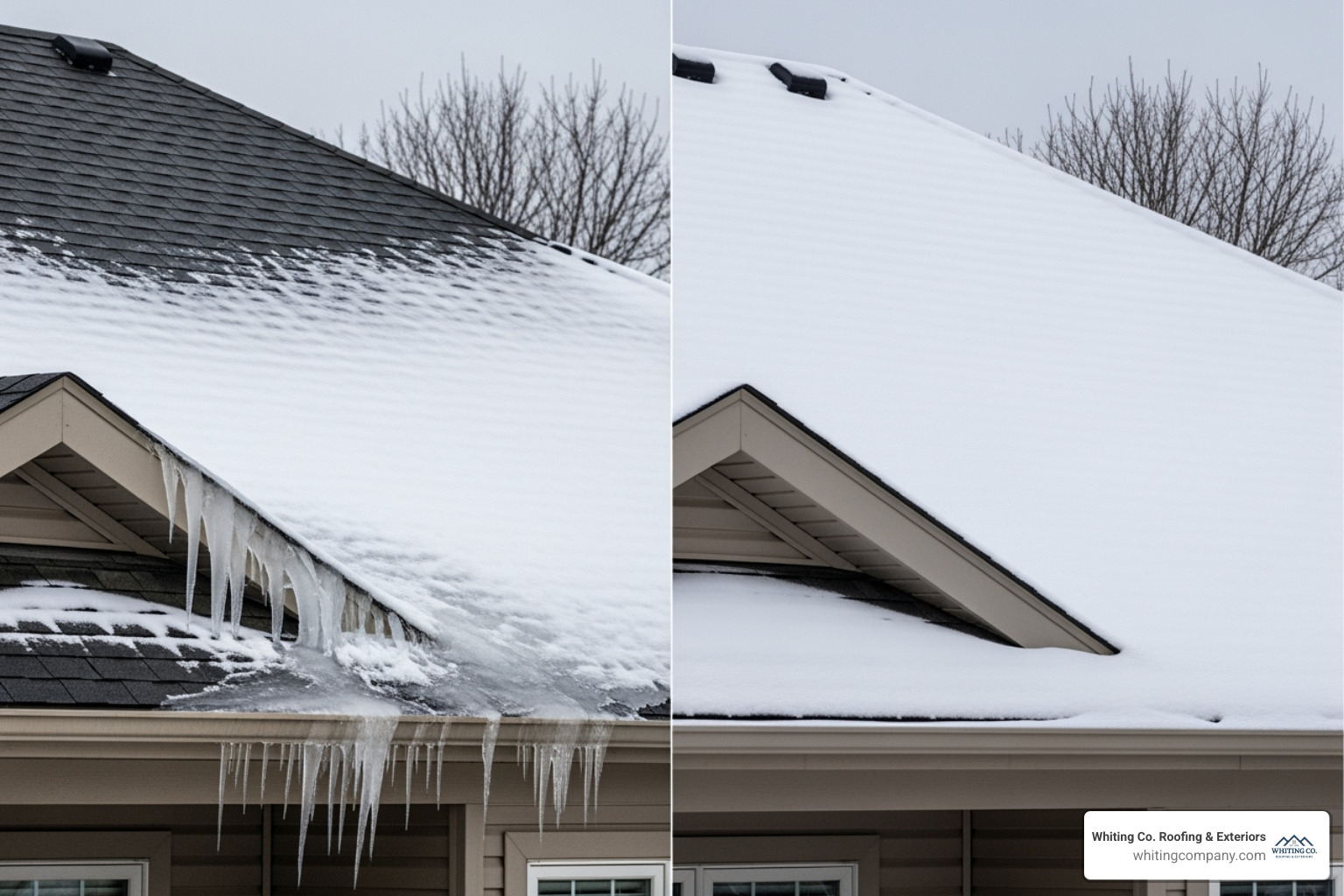 side-by-side comparison of a roof with ice dams and a properly insulated roof without them - blown-in insulation Columbia
