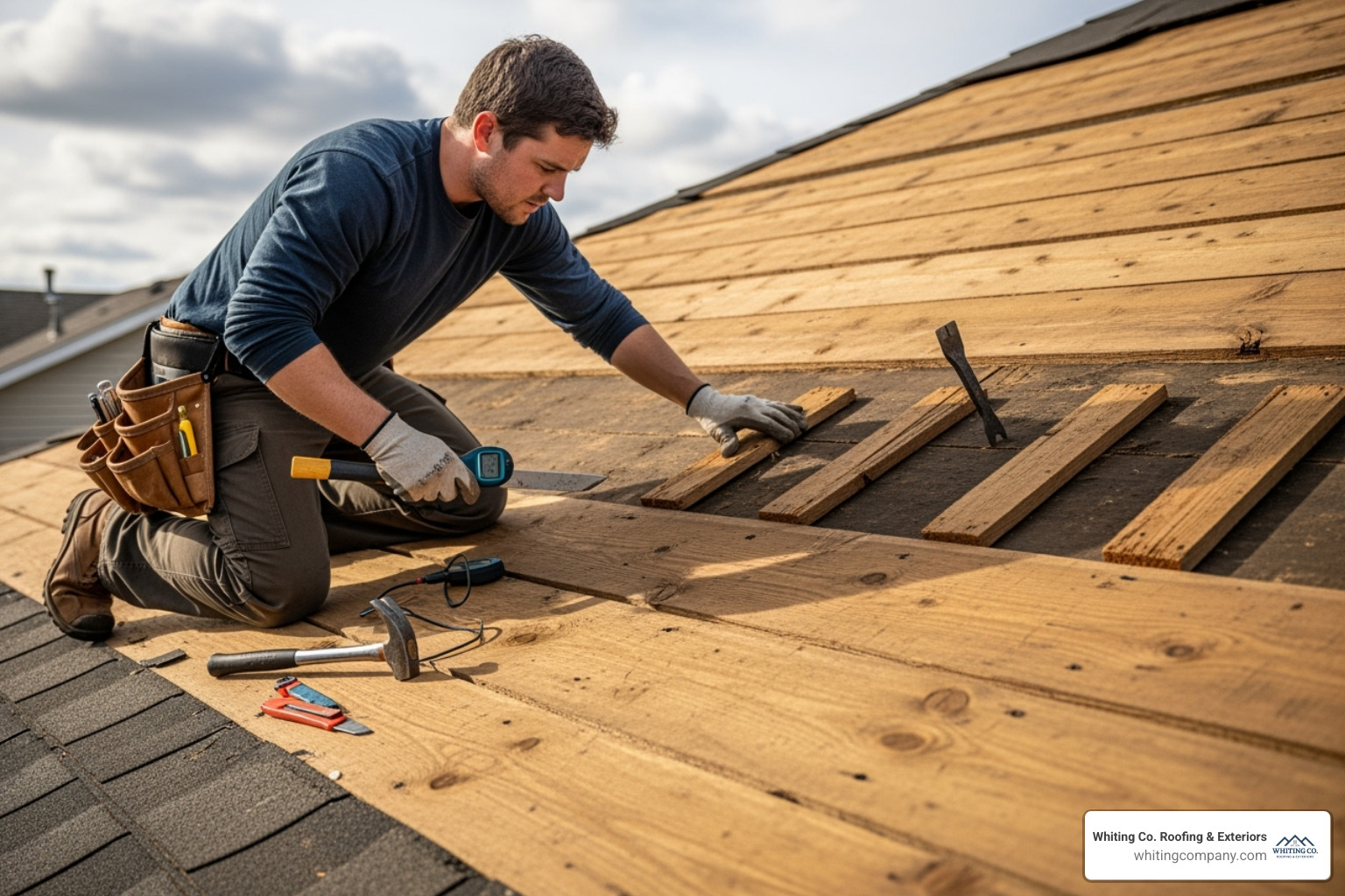 roofer inspecting roof decking - Residential roofing estimates