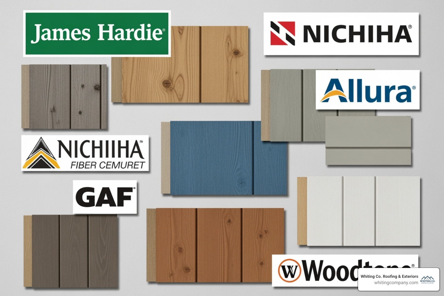 Collage of leading fiber cement siding brand logos and product examples - fiber cement siding Columbia