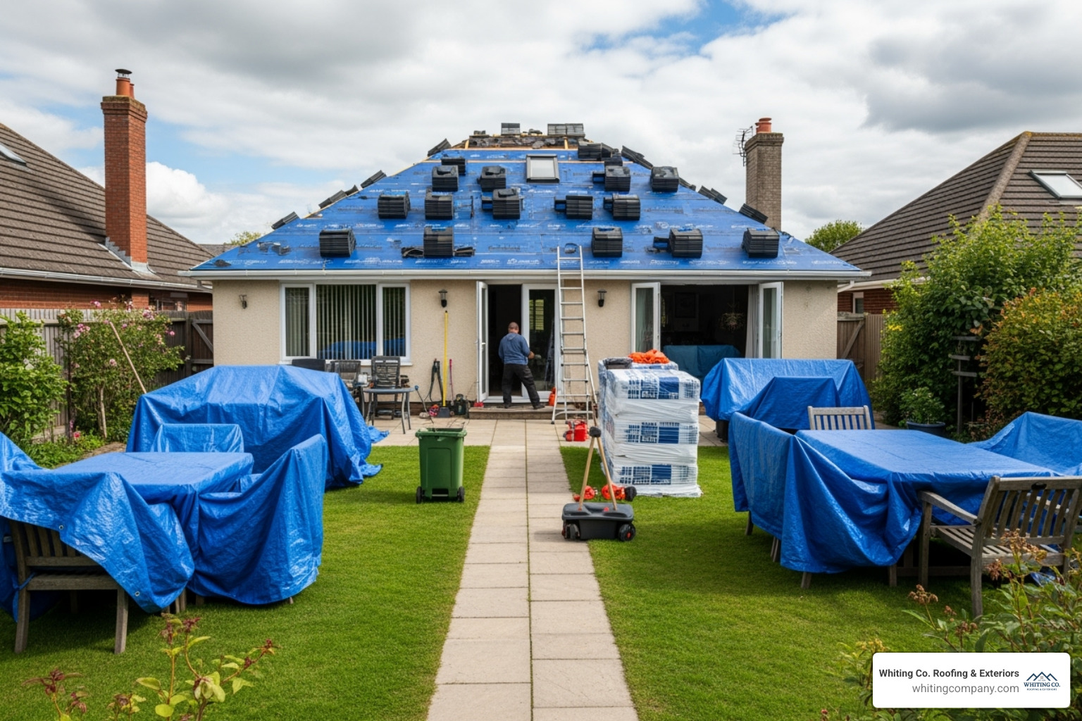 A yard prepped for roofing with tarps and furniture moved. - Roof Installation