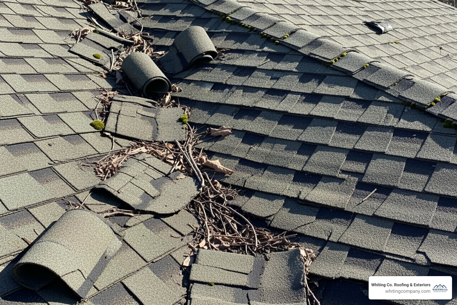 Curled and buckling asphalt shingles on an aging roof. - Roof Installation