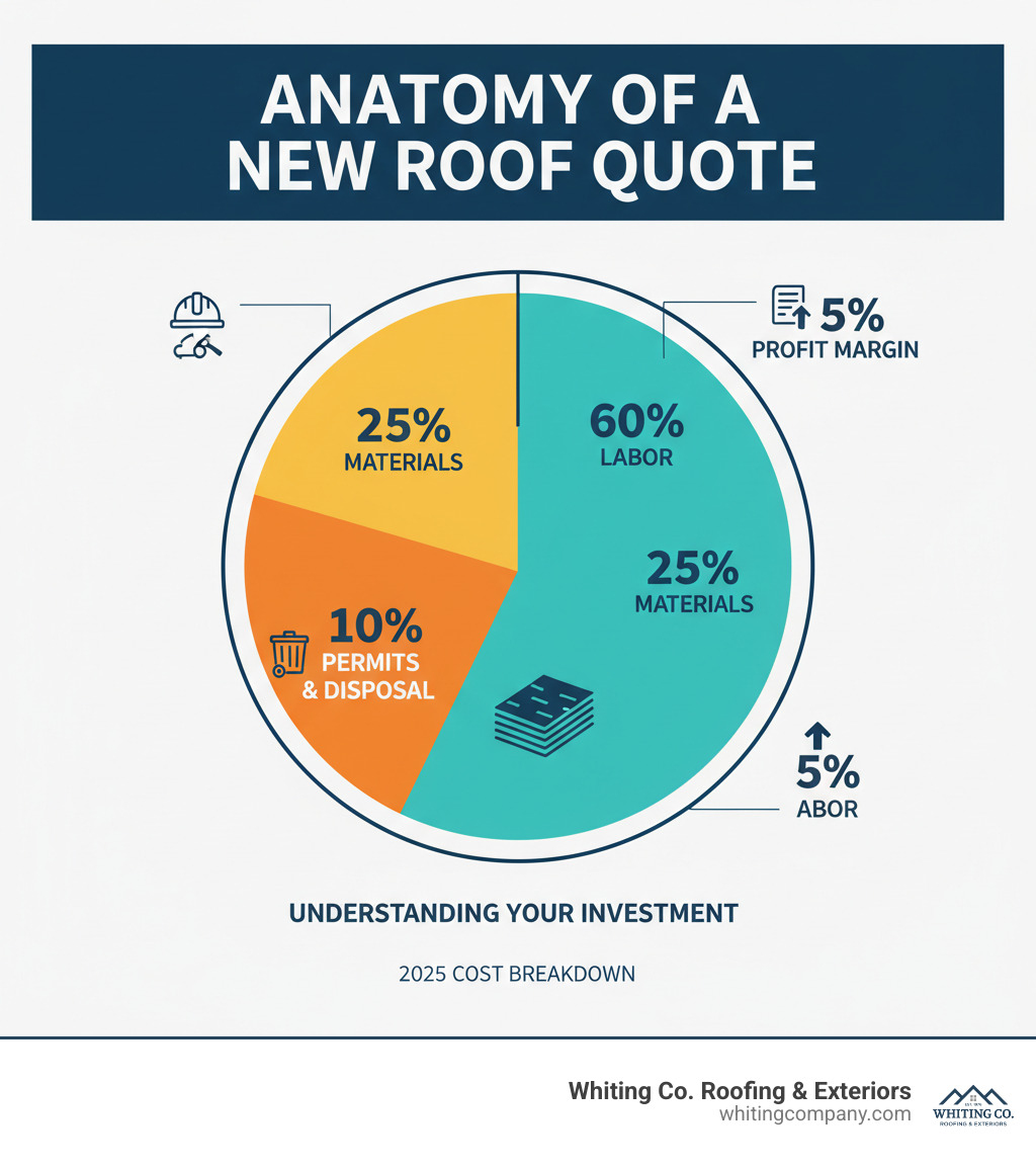 Breakdown of residential roof replacement costs showing 60% labor, 25% materials, 10% permits and disposal, and 5% profit margin - new roof quotes infographic 