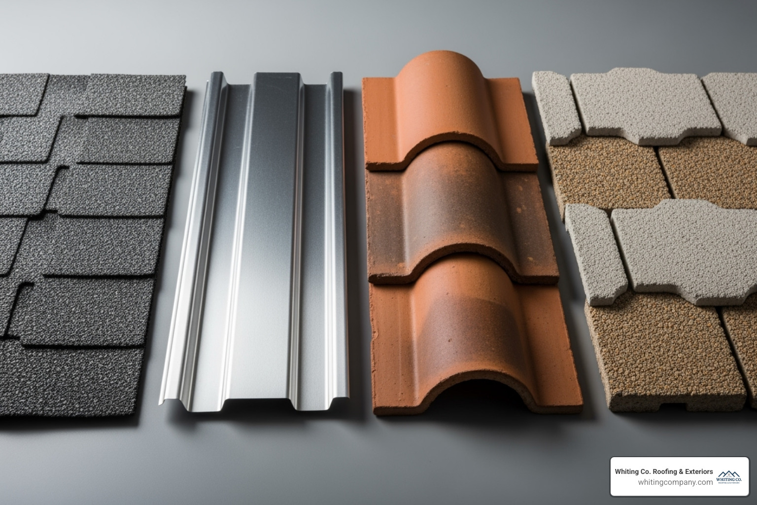 An image displaying various roofing material samples, including asphalt shingles, metal panels, and clay tiles, laid out for comparison - residential roof replacement near me