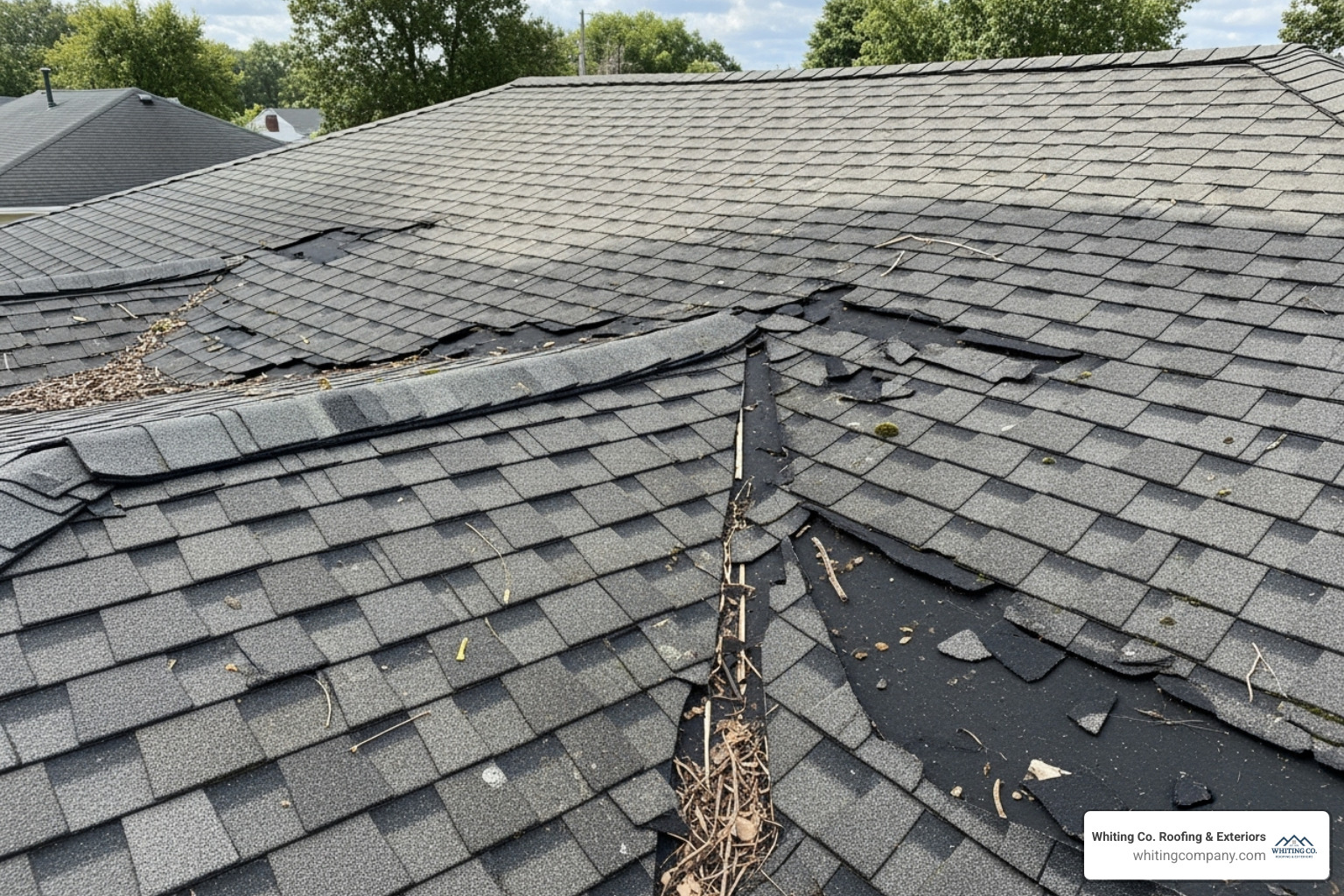 An image of a residential roof showing signs of curling and cracked asphalt shingles, indicating wear and potential damage - residential roof replacement near me