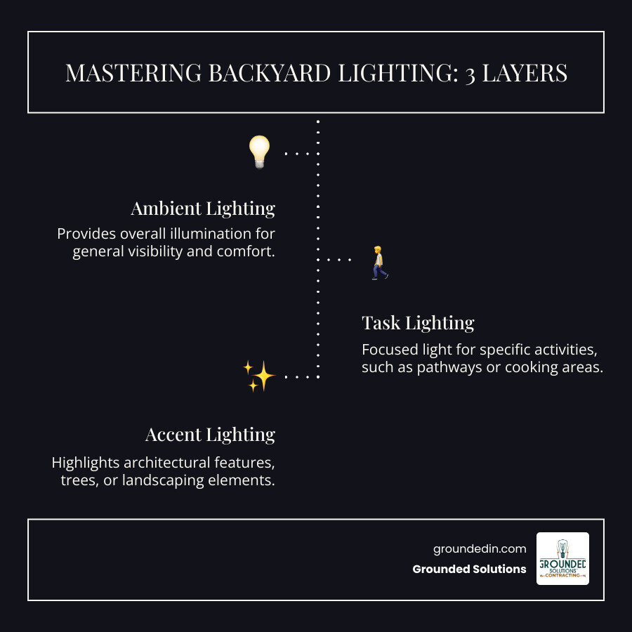 Comprehensive outdoor lighting system showing three layers: ambient lighting for overall illumination using overhead fixtures, task lighting with focused pathway and deck lights for specific activities, and accent lighting with spotlights highlighting trees and architectural features - best outdoor lights for backyard infographic infographic-line-3-steps-dark