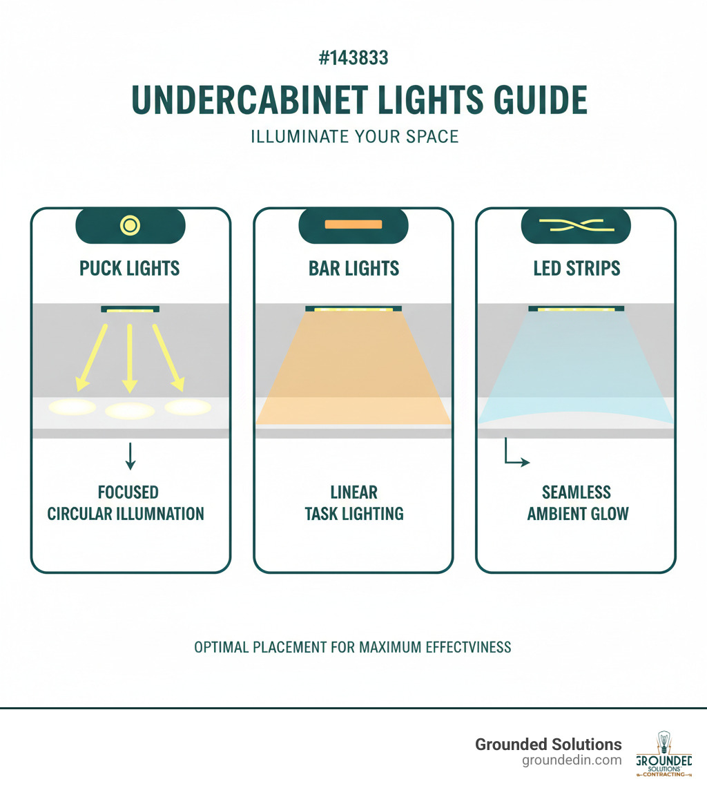 Comprehensive infographic showing the three types of undercabinet lights - puck lights creating focused circular illumination, bar lights providing linear task lighting, and LED strips offering seamless ambient glow - with arrows indicating their optimal placement under kitchen cabinets for maximum effectiveness - undercabinet lights infographic Comprehensive infographic showing the three types of undercabinet lights - puck lights creating focused circular illumination, bar lights providing linear task lighting, and LED strips offering seamless ambient glow - with arrows indicating their optimal placement under kitchen cabinets for maximum effectiveness - undercabinet lights infographic