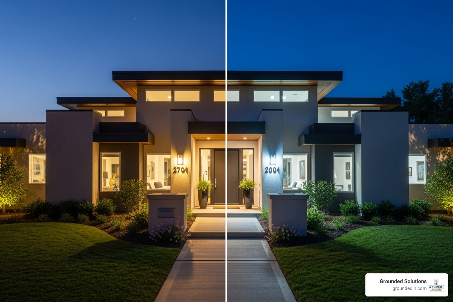 Comparison of warm white vs. cool white light on a home's exterior - best outdoor lights for backyard