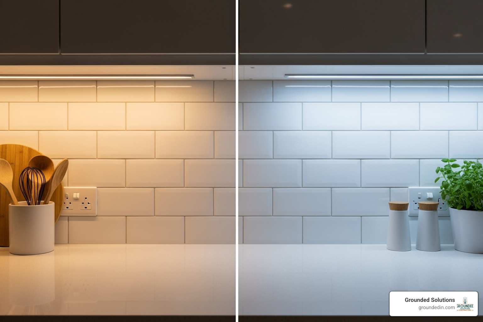 An image illustrating the difference between warm white (left) and cool white (right) undercabinet lighting on a kitchen backsplash, highlighting how color temperature impacts ambiance. - undercabinet lights An image illustrating the difference between warm white (left) and cool white (right) undercabinet lighting on a kitchen backsplash, highlighting how color temperature impacts ambiance. - undercabinet lights