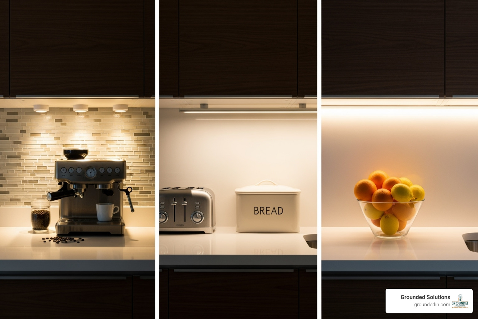An image comparing the distinct lighting effects of puck, bar, and strip lights installed by Grounded Solutions under a cabinet, showcasing how each type illuminates a kitchen countertop differently. - undercabinet lights An image comparing the distinct lighting effects of puck, bar, and strip lights installed by Grounded Solutions under a cabinet, showcasing how each type illuminates a kitchen countertop differently. - undercabinet lights