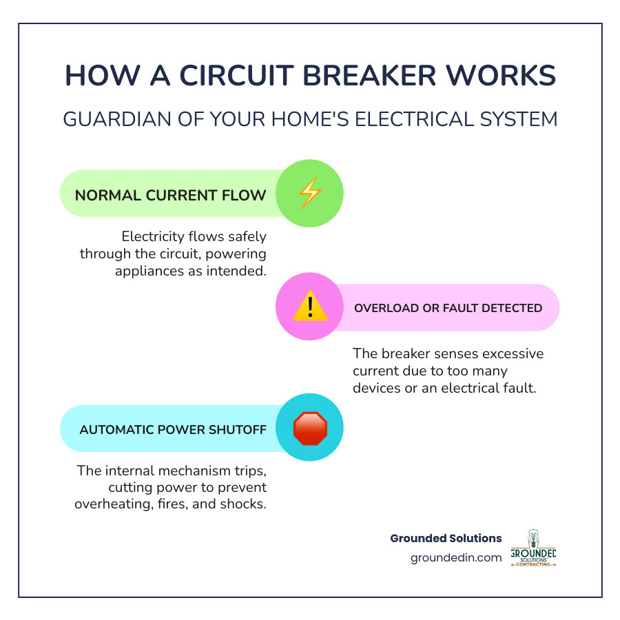 infographic showing circuit breaker operation with power flow, overload detection, and automatic shutoff mechanism protecting home wiring - mini fridge tripping breaker infographic infographic-line-3-steps-colors