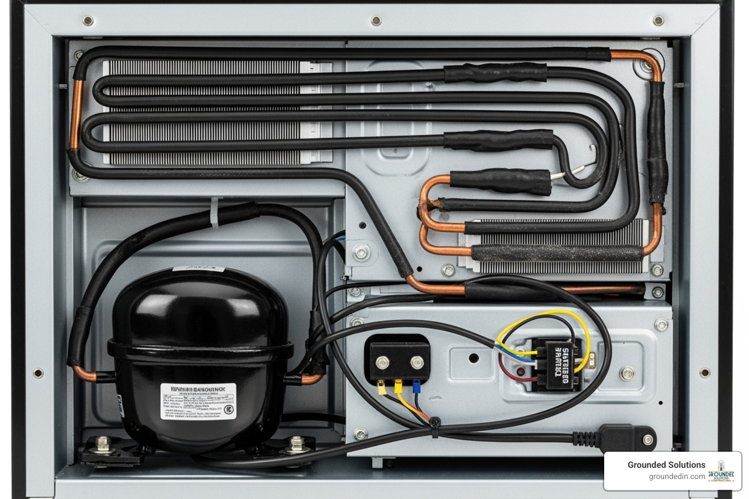 back of a mini-fridge showing the compressor and wiring - mini fridge tripping breaker
