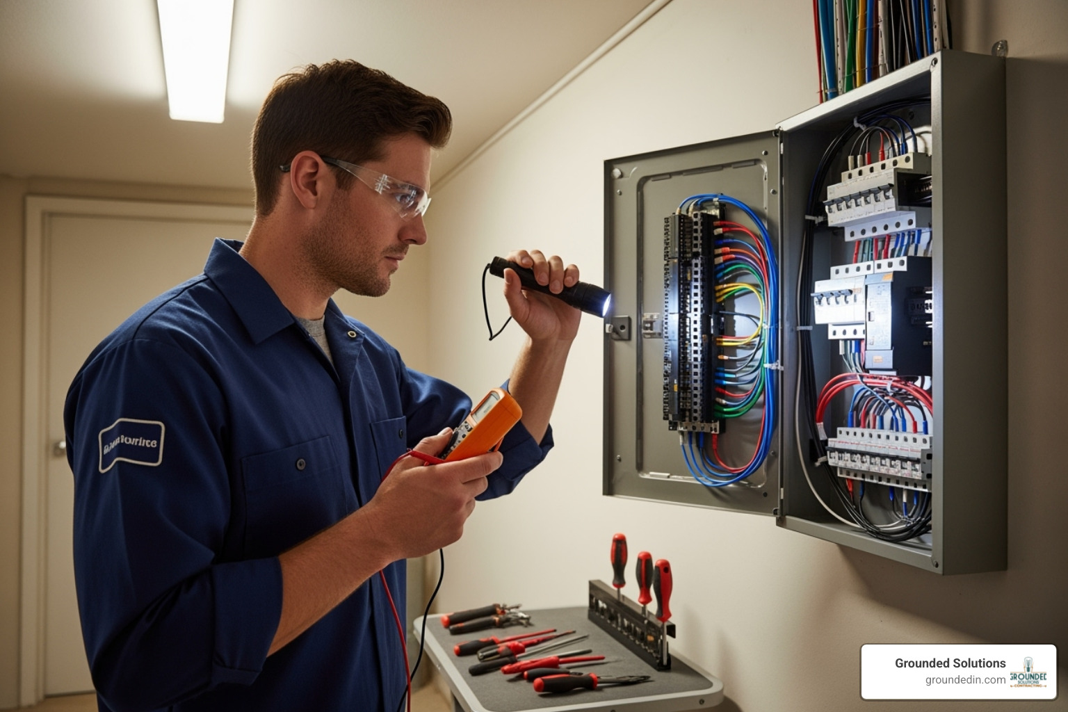 Grounded Solutions electrician performing an electrical inspection - mini fridge tripping breaker