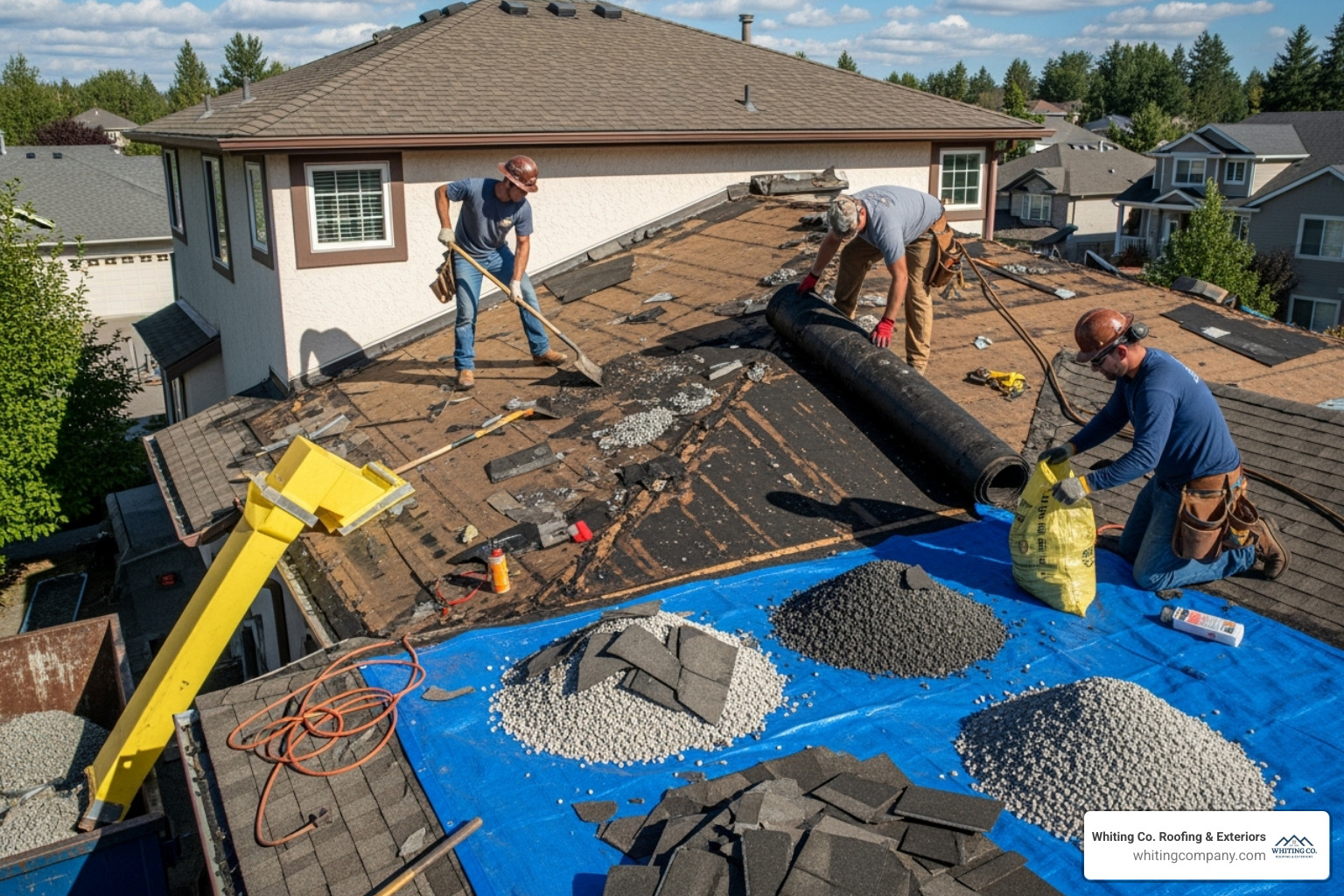 Professional roofing crew working on a residential flat roof tear-off - Residential flat roof replacement