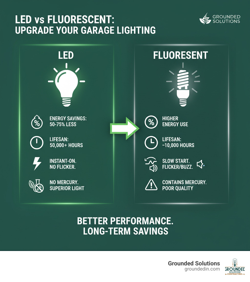 Infographic showing LED vs Fluorescent comparison with energy savings of 50-75%, lifespan of 50,000+ hours vs 10,000 hours, instant-on performance, no mercury content, and superior light quality - Replacing fluorescent with LED infographic Infographic showing LED vs Fluorescent comparison with energy savings of 50-75%, lifespan of 50,000+ hours vs 10,000 hours, instant-on performance, no mercury content, and superior light quality - Replacing fluorescent with LED infographic