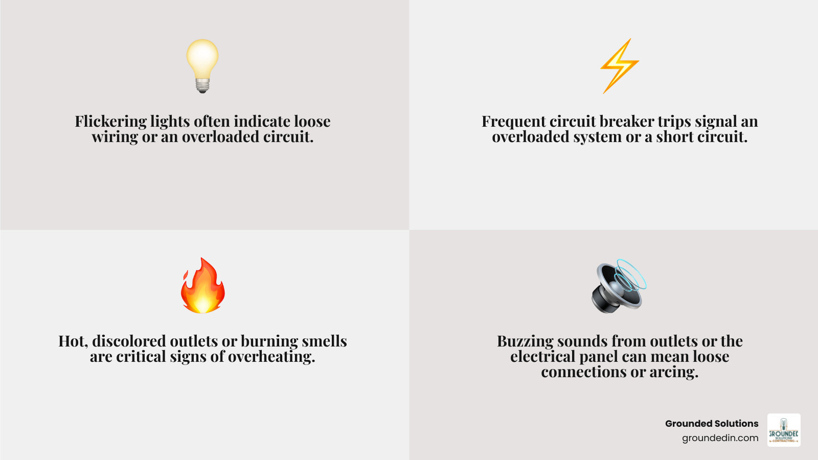 Comprehensive infographic showing the top 5 warning signs that indicate you need a professional electrician: flickering lights, frequent circuit breaker trips, burning smells from outlets, hot or discolored outlets, and buzzing sounds from electrical components, with safety icons and clear visual indicators - electrician mooresville indiana infographic 4_facts_emoji_grey Comprehensive infographic showing the top 5 warning signs that indicate you need a professional electrician: flickering lights, frequent circuit breaker trips, burning smells from outlets, hot or discolored outlets, and buzzing sounds from electrical components, with safety icons and clear visual indicators - electrician mooresville indiana infographic 4_facts_emoji_grey