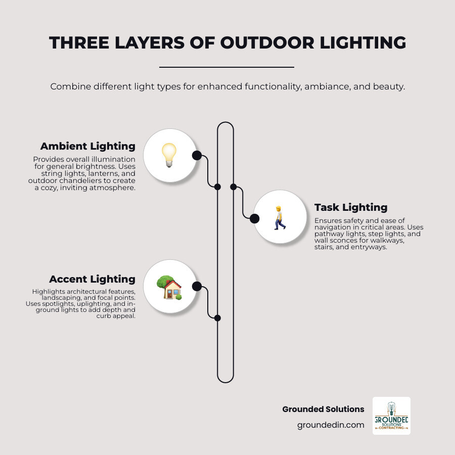 Comprehensive outdoor lighting guide showing three layers: ambient lighting with string lights and lanterns creating overall illumination, task lighting with pathway lights and wall sconces for safety and navigation, and accent lighting with spotlights and uplighting highlighting architectural features and landscaping - outdoor lighting ideas infographic infographic-line-3-steps-neat_beige