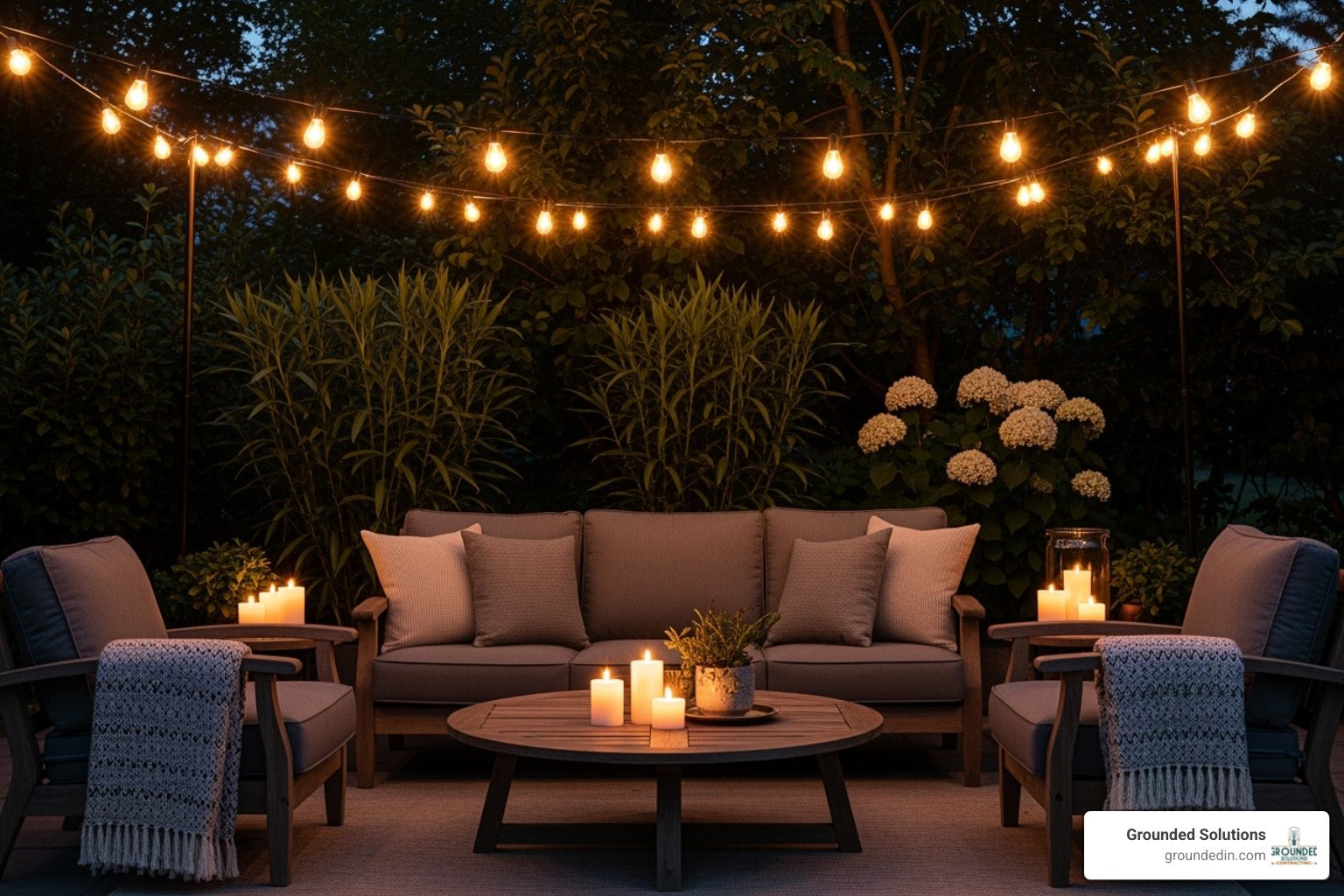 cozy outdoor seating area with professional string lights - outdoor lighting ideas
