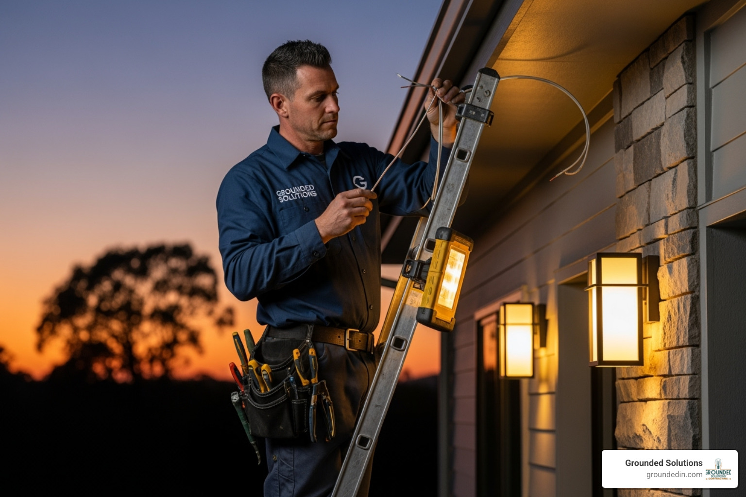 Grounded Solutions electrician installing outdoor lighting at dusk - outdoor lighting ideas