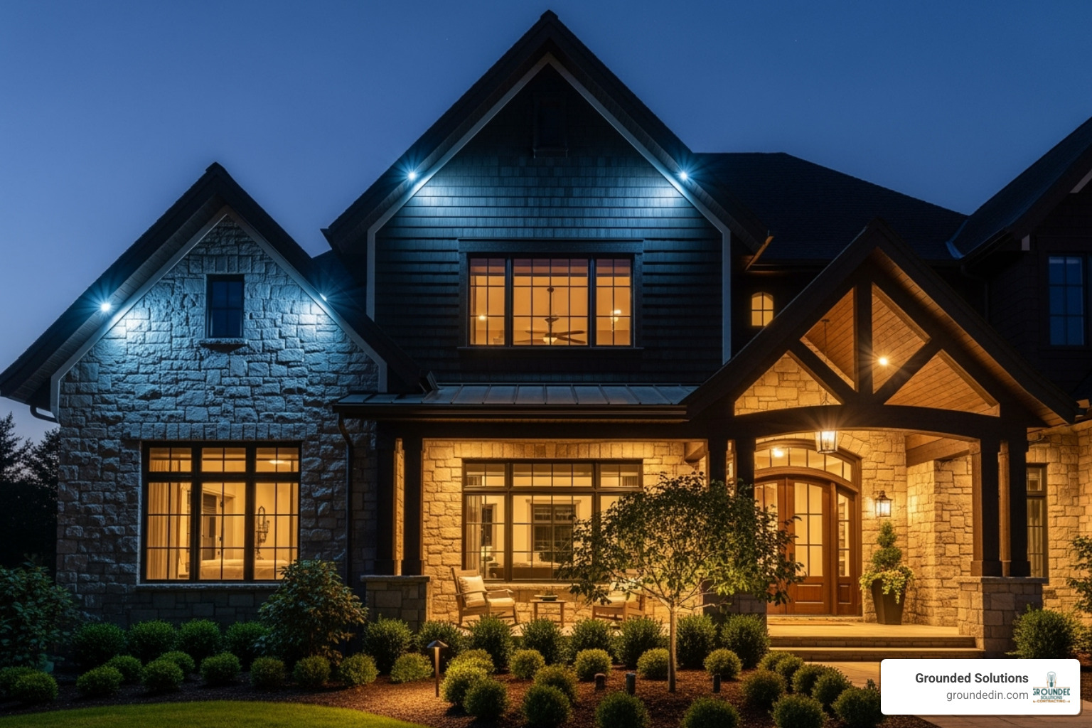 home's facade with architectural features highlighted by uplighting - outdoor lighting ideas