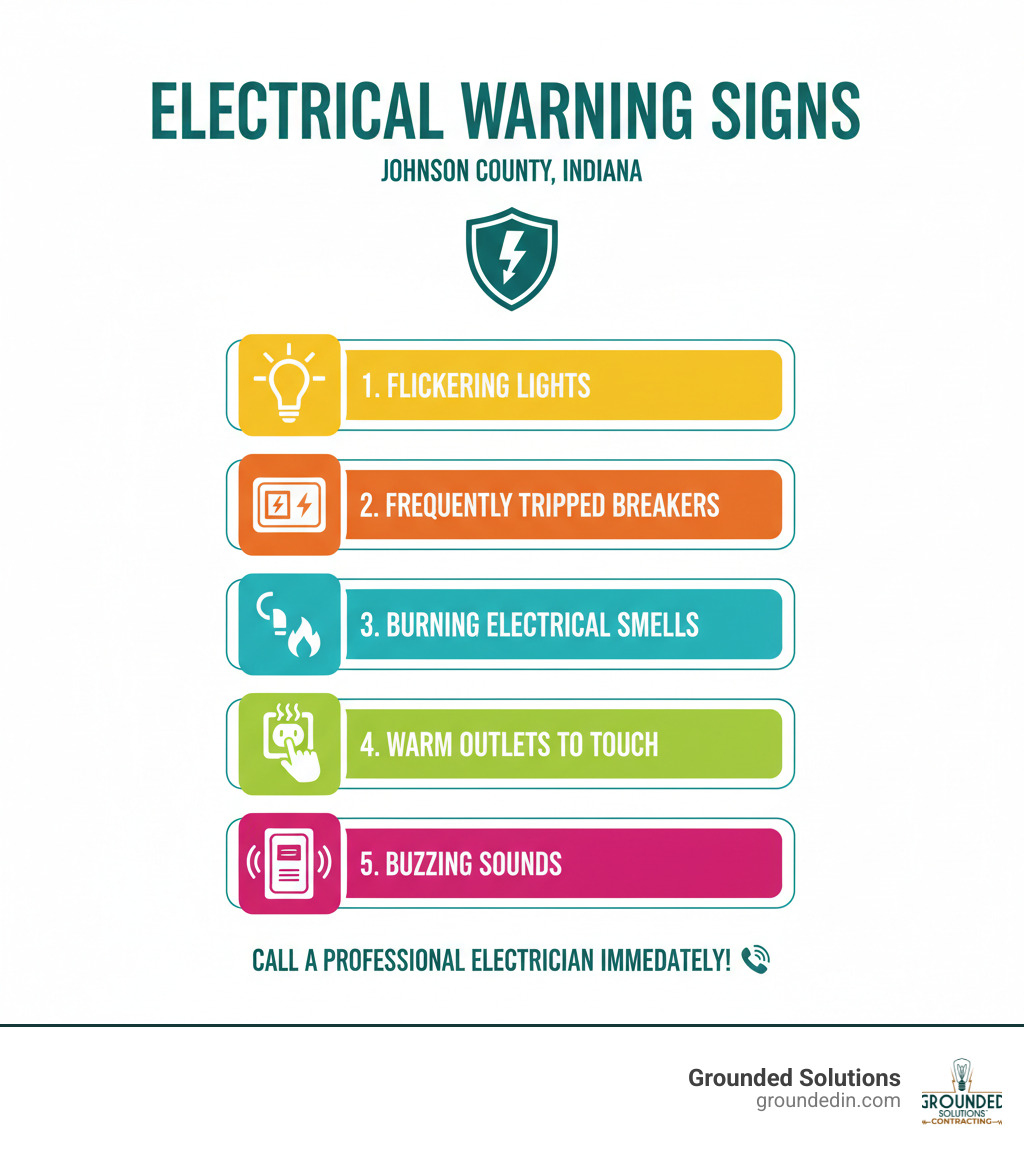 Comprehensive guide showing the top 5 warning signs that indicate you need to call a professional electrician immediately, including flickering lights, frequently tripped breakers, burning electrical smells, outlets that feel warm to touch, and buzzing sounds from electrical panels, with safety icons and Johnson County Indiana branding - electricians in Johnson county infographic Comprehensive guide showing the top 5 warning signs that indicate you need to call a professional electrician immediately, including flickering lights, frequently tripped breakers, burning electrical smells, outlets that feel warm to touch, and buzzing sounds from electrical panels, with safety icons and Johnson County Indiana branding - electricians in Johnson county infographic