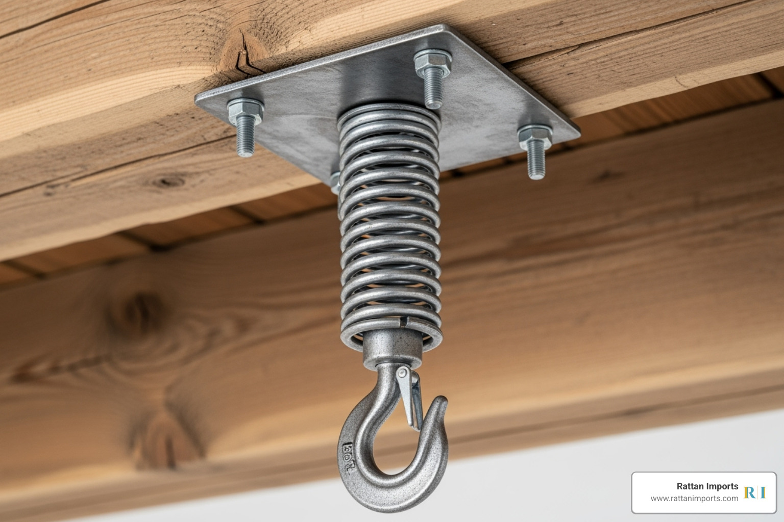 Proper installation hardware for a hanging loveseat, including a heavy-duty spring, swivel hook, and mounting plate attached to a wooden beam - hanging wicker loveseat