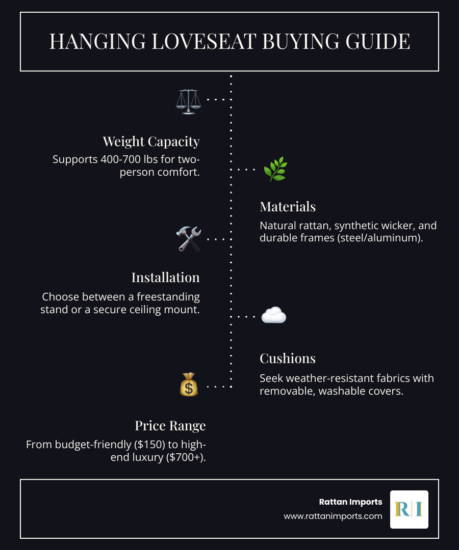 Infographic showing hanging wicker loveseat buying guide with weight capacity ranges 400-700 lbs, material options including synthetic wicker and natural rattan, installation types with stand versus ceiling mount, cushion features highlighting weather-resistant and removable covers, frame materials of powder-coated steel and aluminum, and price ranges from budget $150-300 to luxury $500 plus - hanging wicker loveseat infographic infographic-line-5-steps-dark
