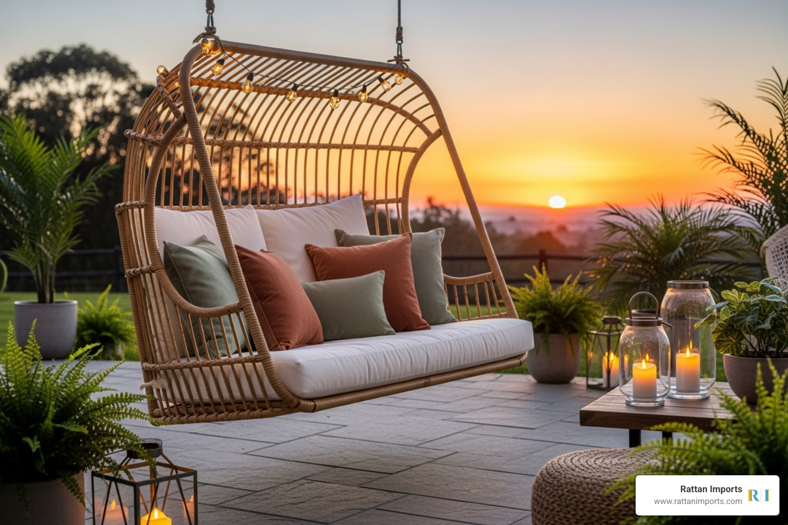 A hanging wicker loveseat on an outdoor patio at sunset, with soft cushions and warm lighting - hanging wicker loveseat