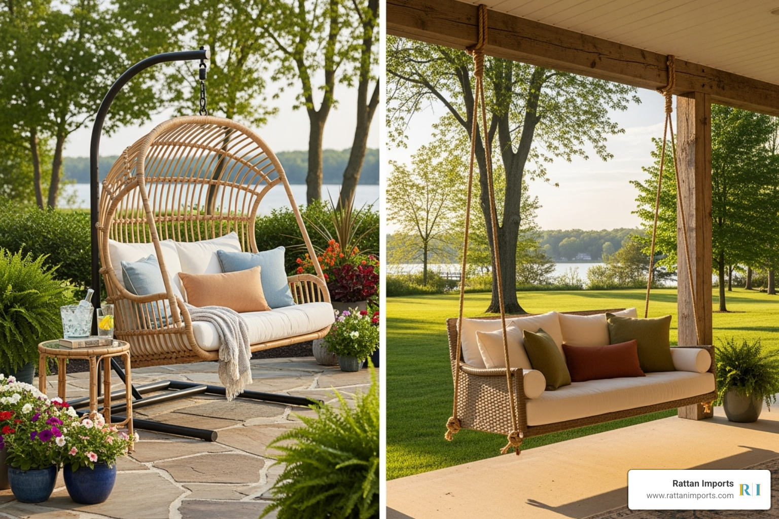 An image illustrating a hanging loveseat with a dedicated stand on the left, and another hanging directly from a ceiling beam on a porch on the right - hanging wicker loveseat